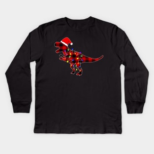 Red Plaid T Rex Christmas Buffalo Dinosaur Lights Family Pajamas Gift Kids Long Sleeve T-Shirt